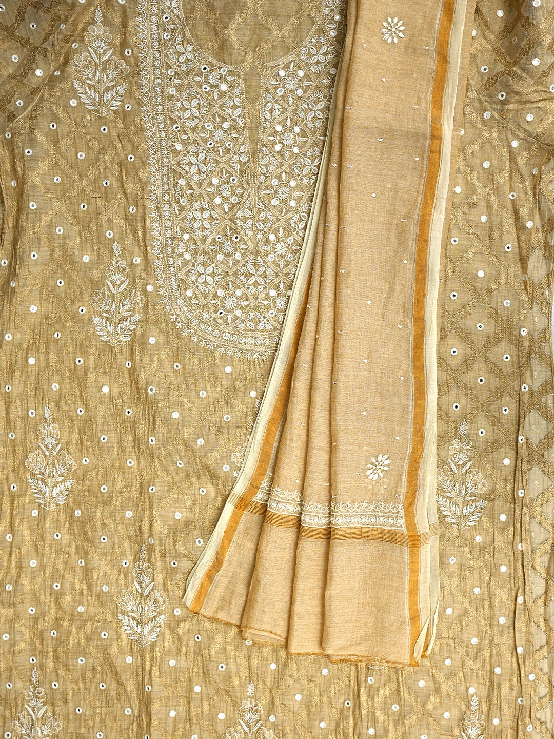 Ada Hand Embroidered Fawn Tissue lucknowi Chikankari Semi-stitched Kurta Dupatta Set With Cutdana Work 01A965083