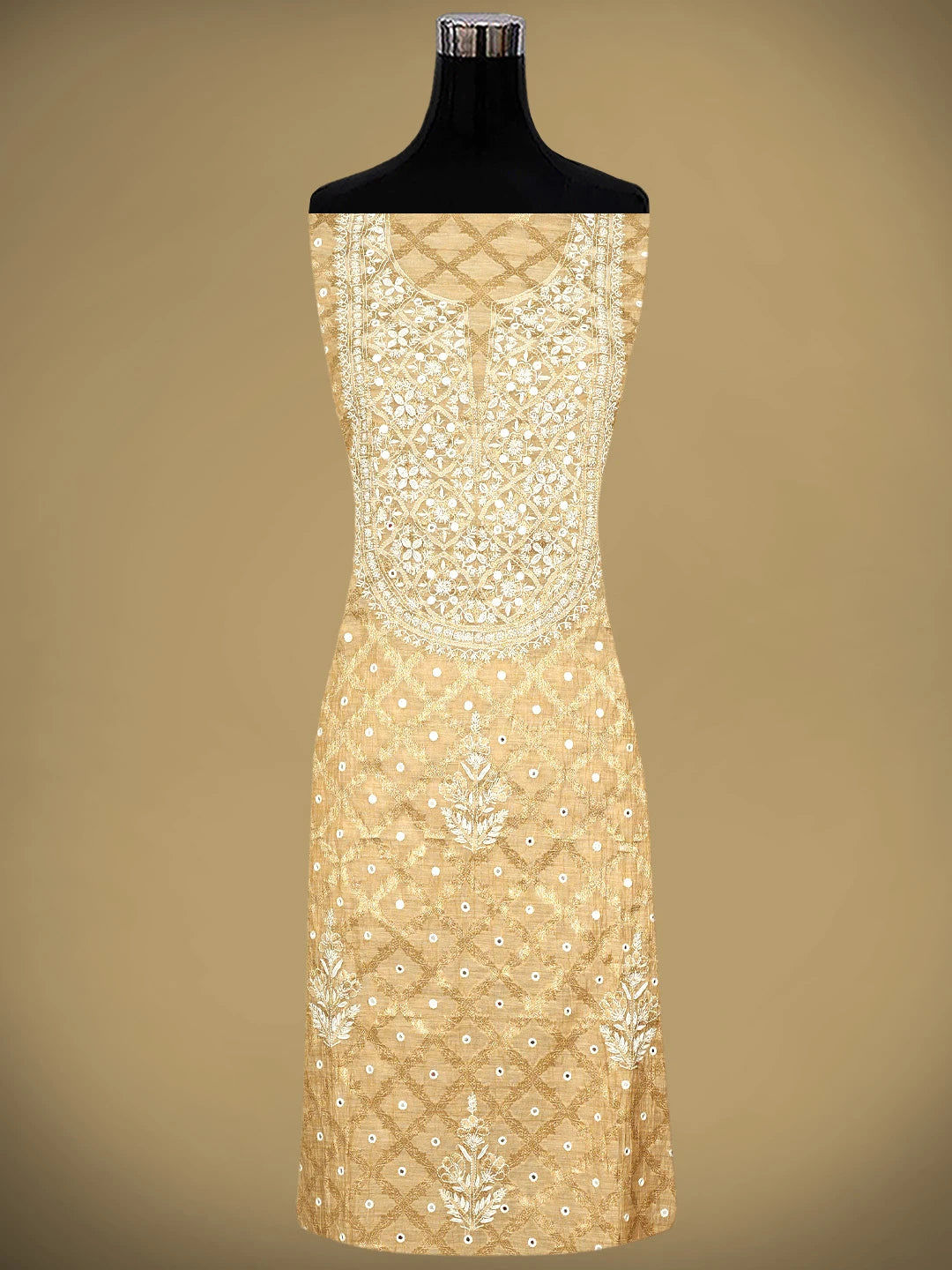 Ada Hand Embroidered Fawn Tissue lucknowi Chikankari Semi-stitched Kurta Dupatta Set With Cutdana Work 01A965083
