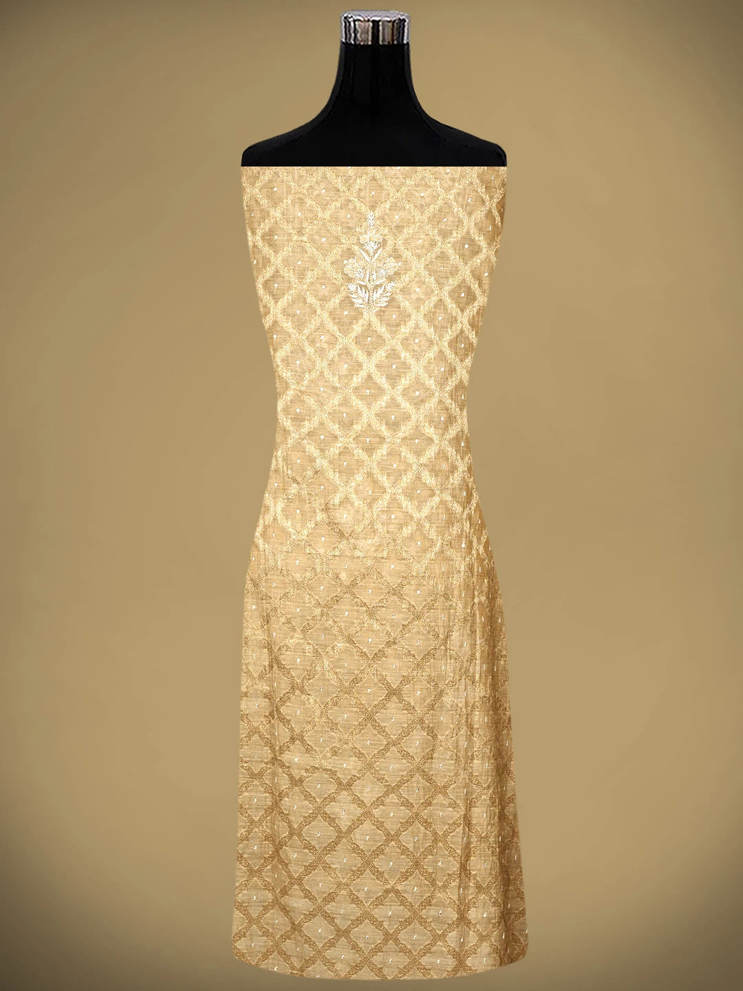 Ada Hand Embroidered Fawn Tissue lucknowi Chikankari Semi-stitched Kurta Dupatta Set With Cutdana Work 01A965083