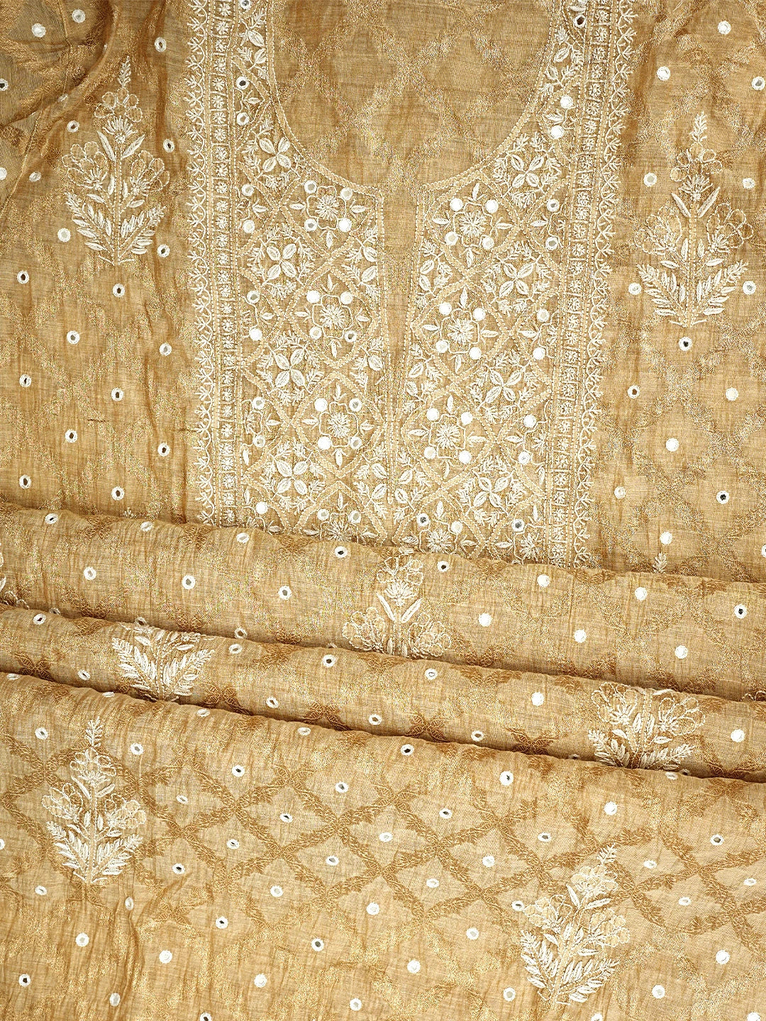 Ada Hand Embroidered Fawn Tissue lucknowi Chikankari Semi-stitched Kurta Dupatta Set With Cutdana Work 01A965083