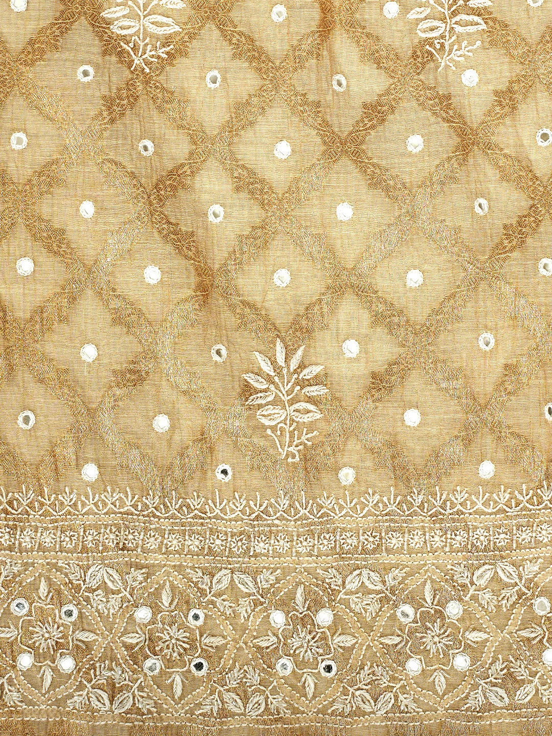 Ada Hand Embroidered Fawn Tissue lucknowi Chikankari Semi-stitched Kurta Dupatta Set With Cutdana Work 01A965083