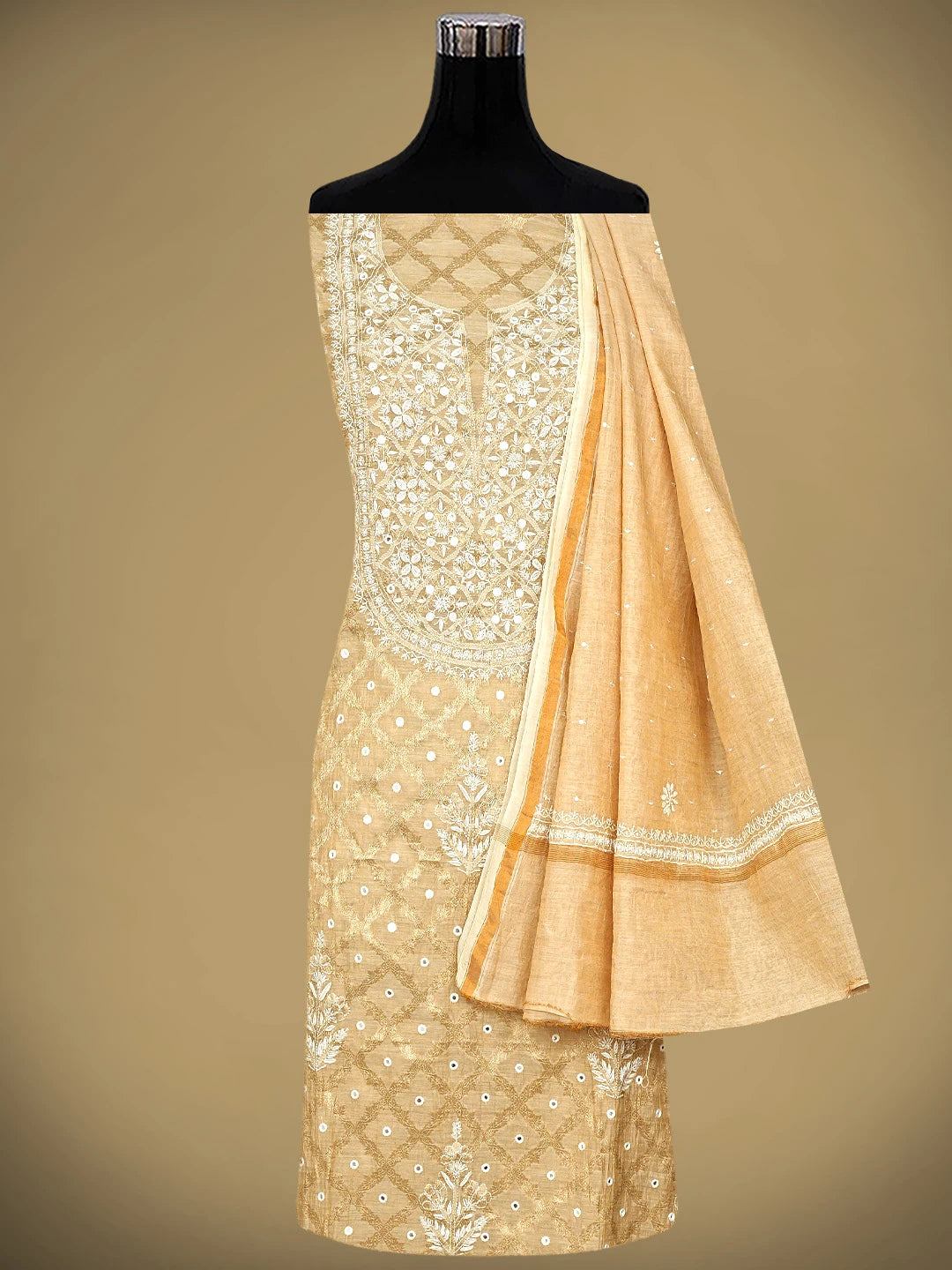 Ada Hand Embroidered Fawn Tissue lucknowi Chikankari Semi-stitched Kurta Dupatta Set With Cutdana Work 01A965083