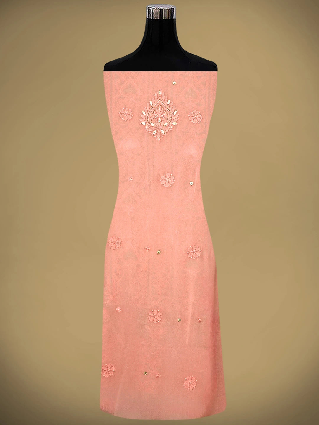 Ada Hand Embroidered Light Salmon Pink Viscose Groegette lucknowi Chikankari Unstitched Kurta Dupatta Set With Gota Patti Work 01A962625