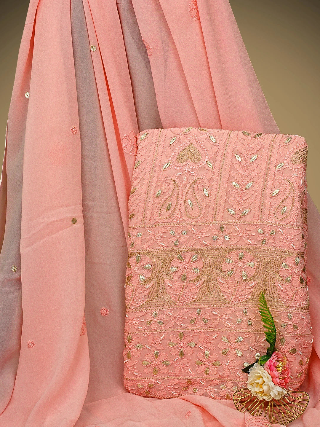 Ada Hand Embroidered Light Salmon Pink Viscose Groegette lucknowi Chikankari Unstitched Kurta Dupatta Set With Gota Patti Work 01A962625