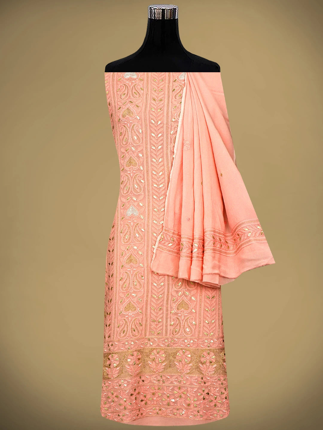 Ada Hand Embroidered Light Salmon Pink Viscose Groegette lucknowi Chikankari Unstitched Kurta Dupatta Set With Gota Patti Work 01A962625