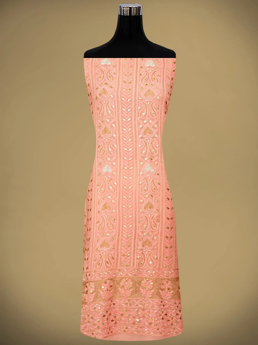 Ada Hand Embroidered Light Salmon Pink Viscose Groegette lucknowi Chikankari Unstitched Kurta Dupatta Set With Gota Patti Work 01A962625