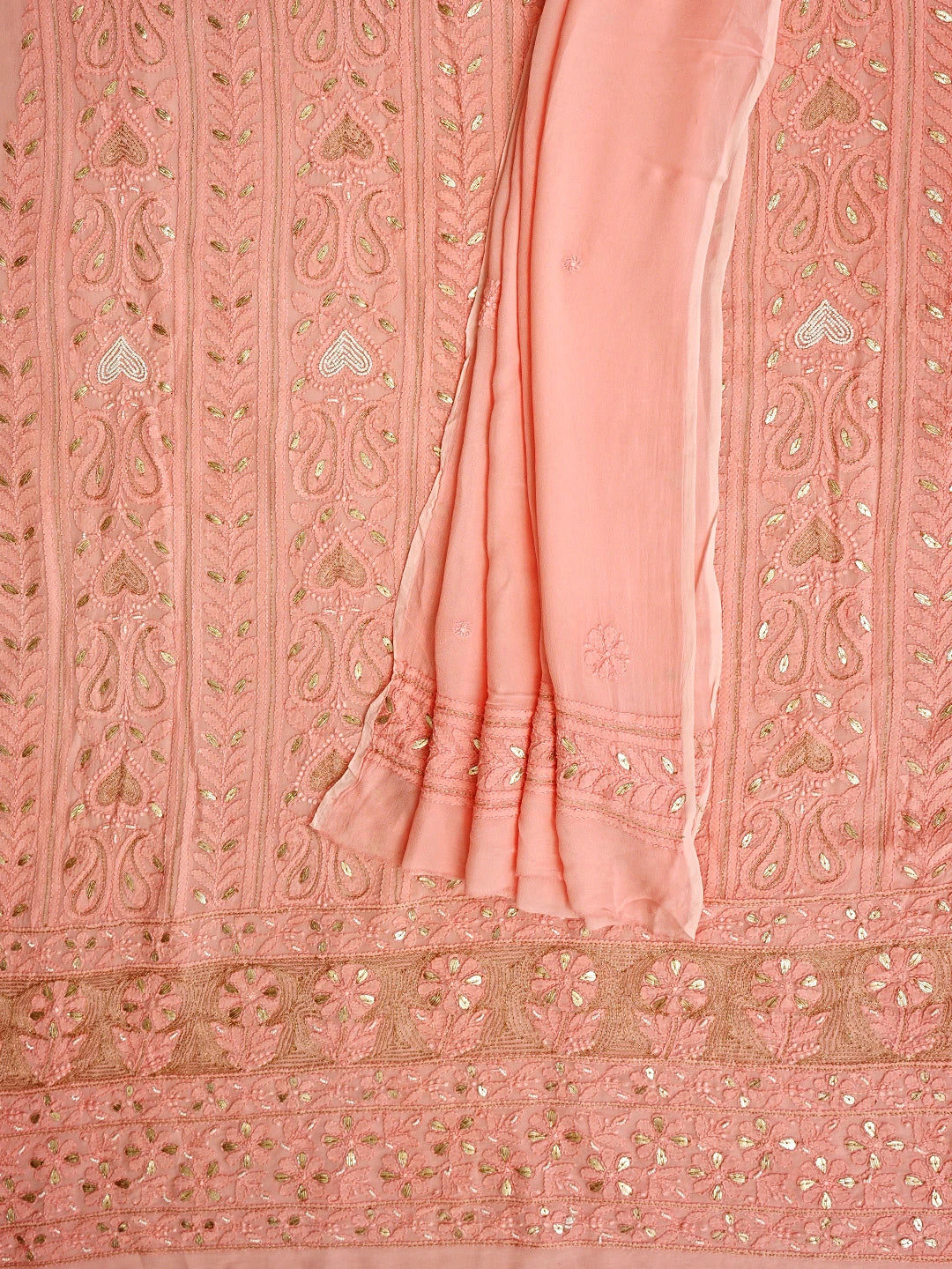 Ada Hand Embroidered Light Salmon Pink Viscose Groegette lucknowi Chikankari Unstitched Kurta Dupatta Set With Gota Patti Work 01A962625