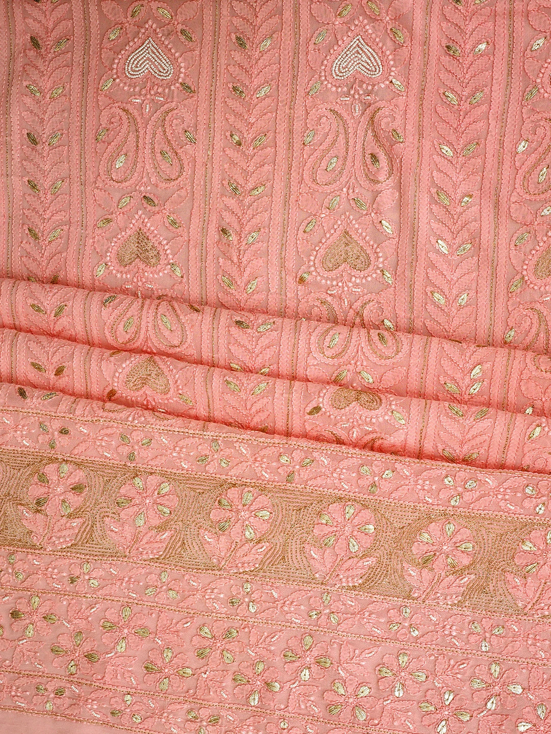 Ada Hand Embroidered Light Salmon Pink Viscose Groegette lucknowi Chikankari Unstitched Kurta Dupatta Set With Gota Patti Work 01A962625