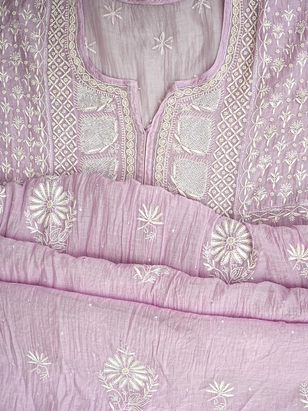 Ada Hand Embroidered Lavender Chanderi Lucknowi Chikankari Semi Stitched A-Line Kurta Dupatta Set with Cutdana Work 01A954233