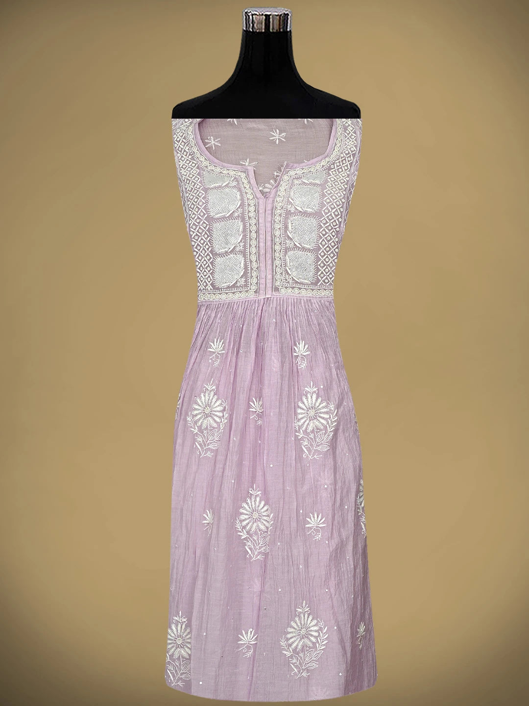 Ada Hand Embroidered Lavender Chanderi Lucknowi Chikankari Semi Stitched A-Line Kurta Dupatta Set with Cutdana Work 01A954233