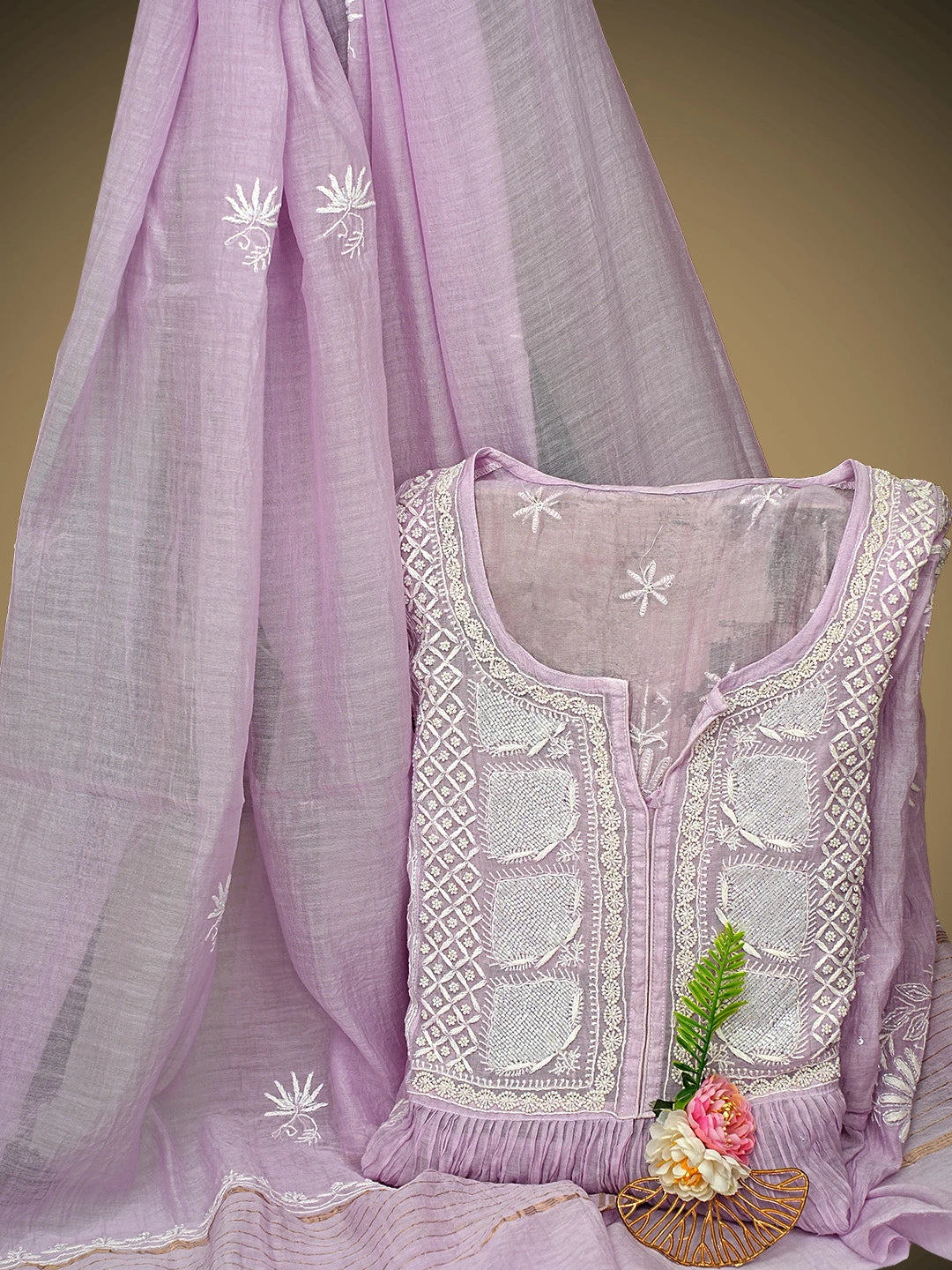 Ada Hand Embroidered Lavender Chanderi Lucknowi Chikankari Semi Stitched A-Line Kurta Dupatta Set with Cutdana Work 01A954233