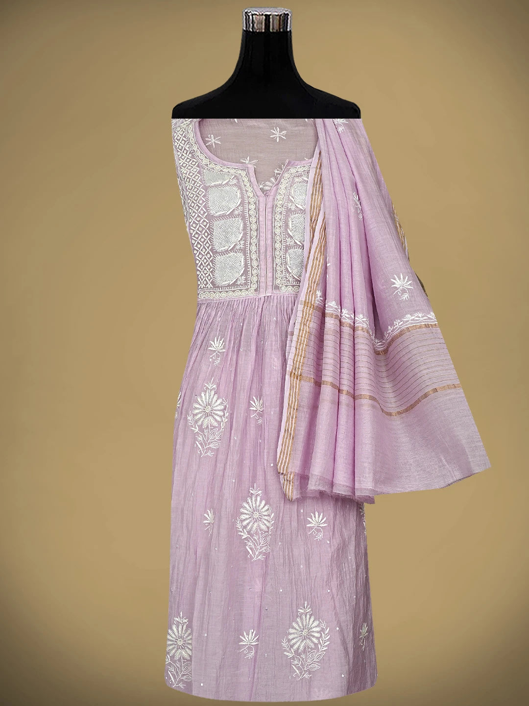 Ada Hand Embroidered Lavender Chanderi Lucknowi Chikankari Semi Stitched A-Line Kurta Dupatta Set with Cutdana Work 01A954233