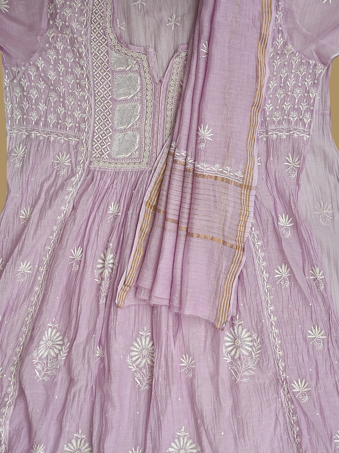 Ada Hand Embroidered Lavender Chanderi Lucknowi Chikankari Semi Stitched A-Line Kurta Dupatta Set with Cutdana Work 01A954233