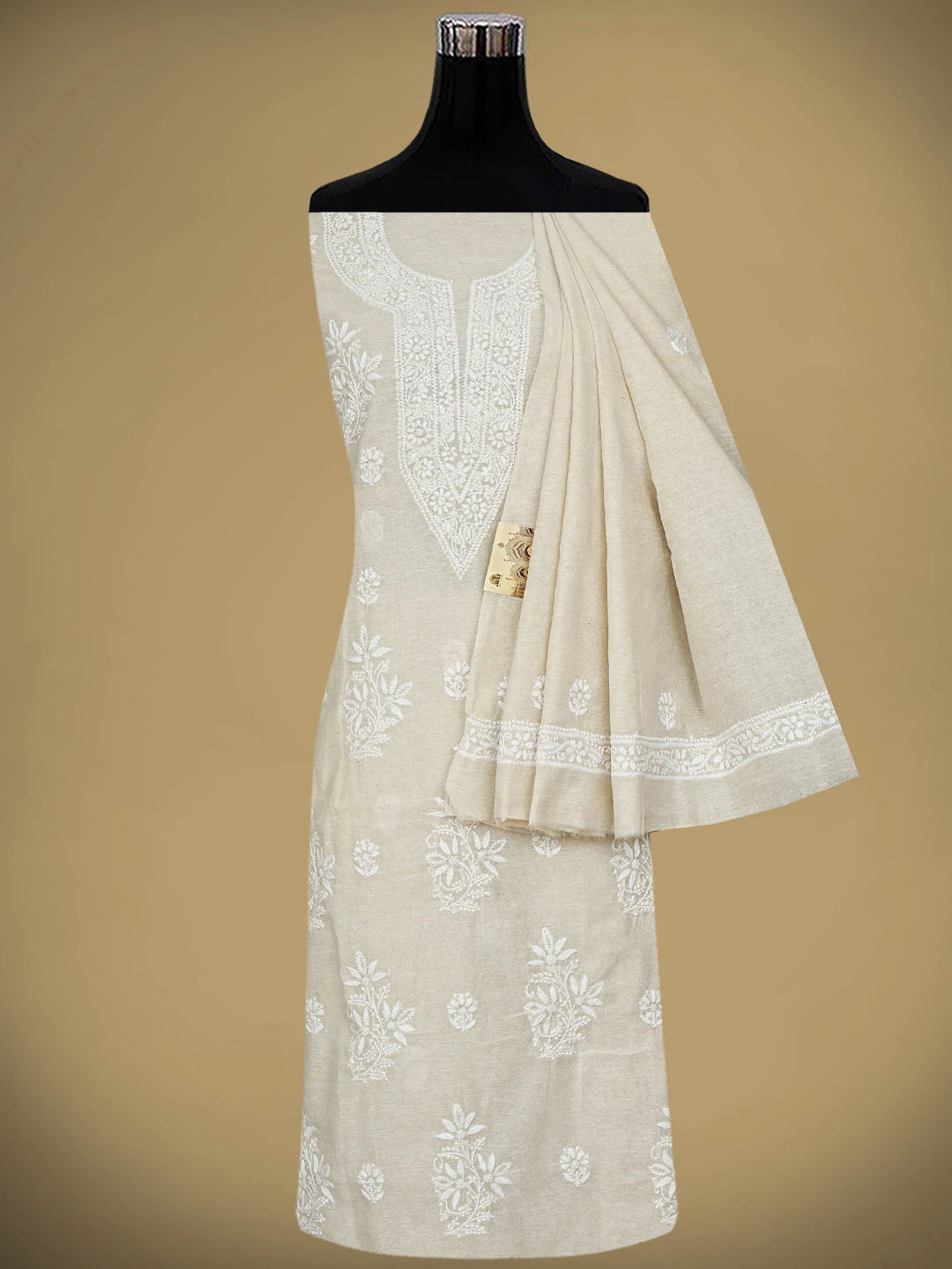 Ada Hand Embroidered Fawn Chanderi Lucknowi Chikankari Unstitched Kurta Dupatta Set 01A913850