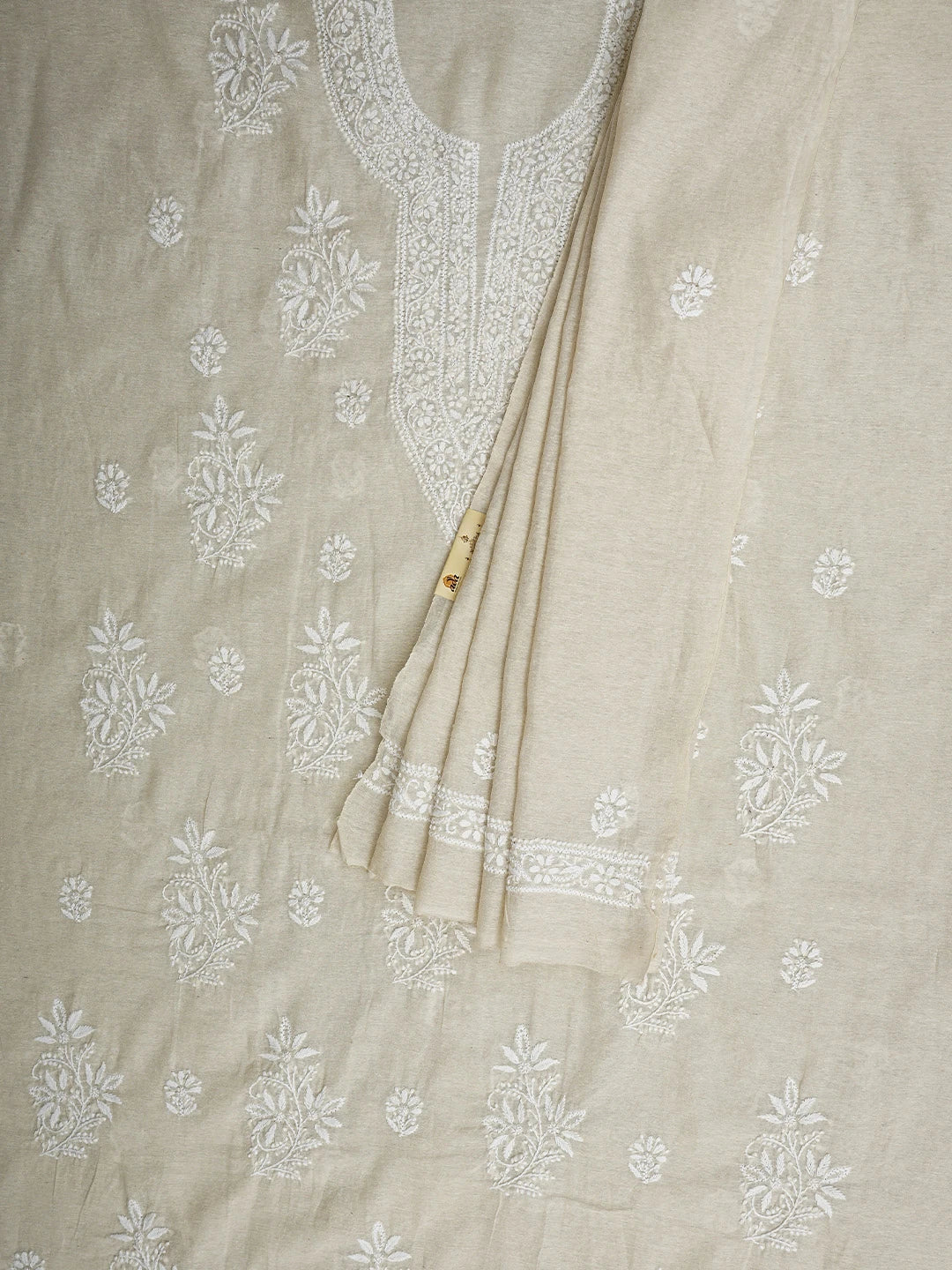 Ada Hand Embroidered Fawn Chanderi Lucknowi Chikankari Unstitched Kurta Dupatta Set 01A913850