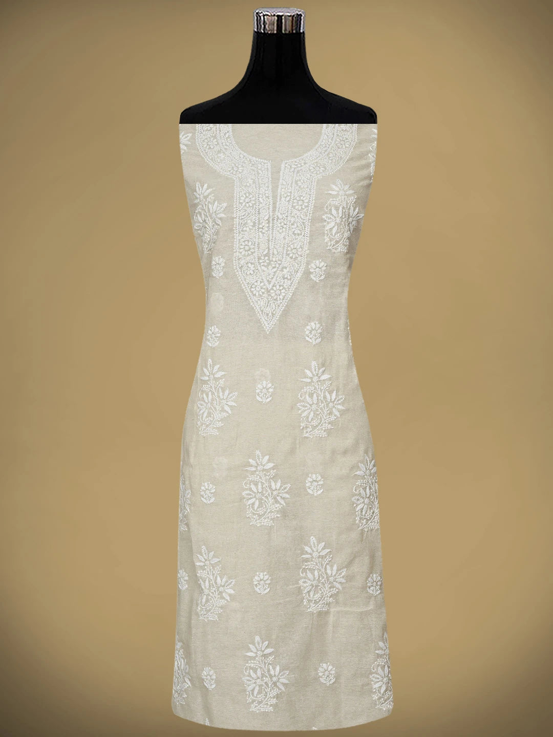 Ada Hand Embroidered Fawn Chanderi Lucknowi Chikankari Unstitched Kurta Dupatta Set 01A913850