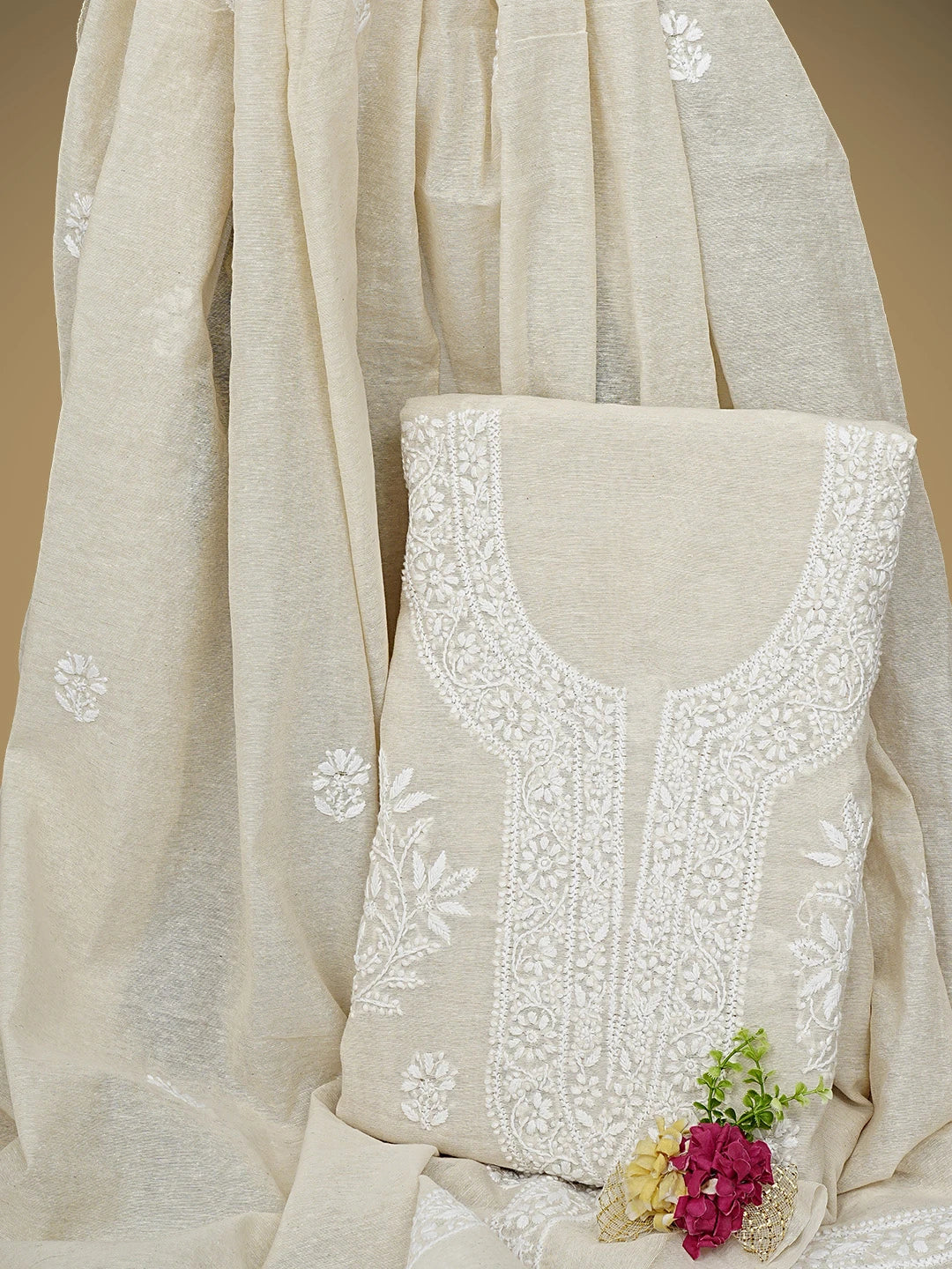 Ada Hand Embroidered Fawn Chanderi Lucknowi Chikankari Unstitched Kurta Dupatta Set 01A913850
