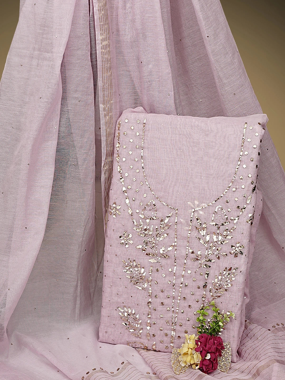 Ada Hand Embroidered Lavender Chanderi Unstitched Kurta Dupatta Set With Mukaish Work 01A911290