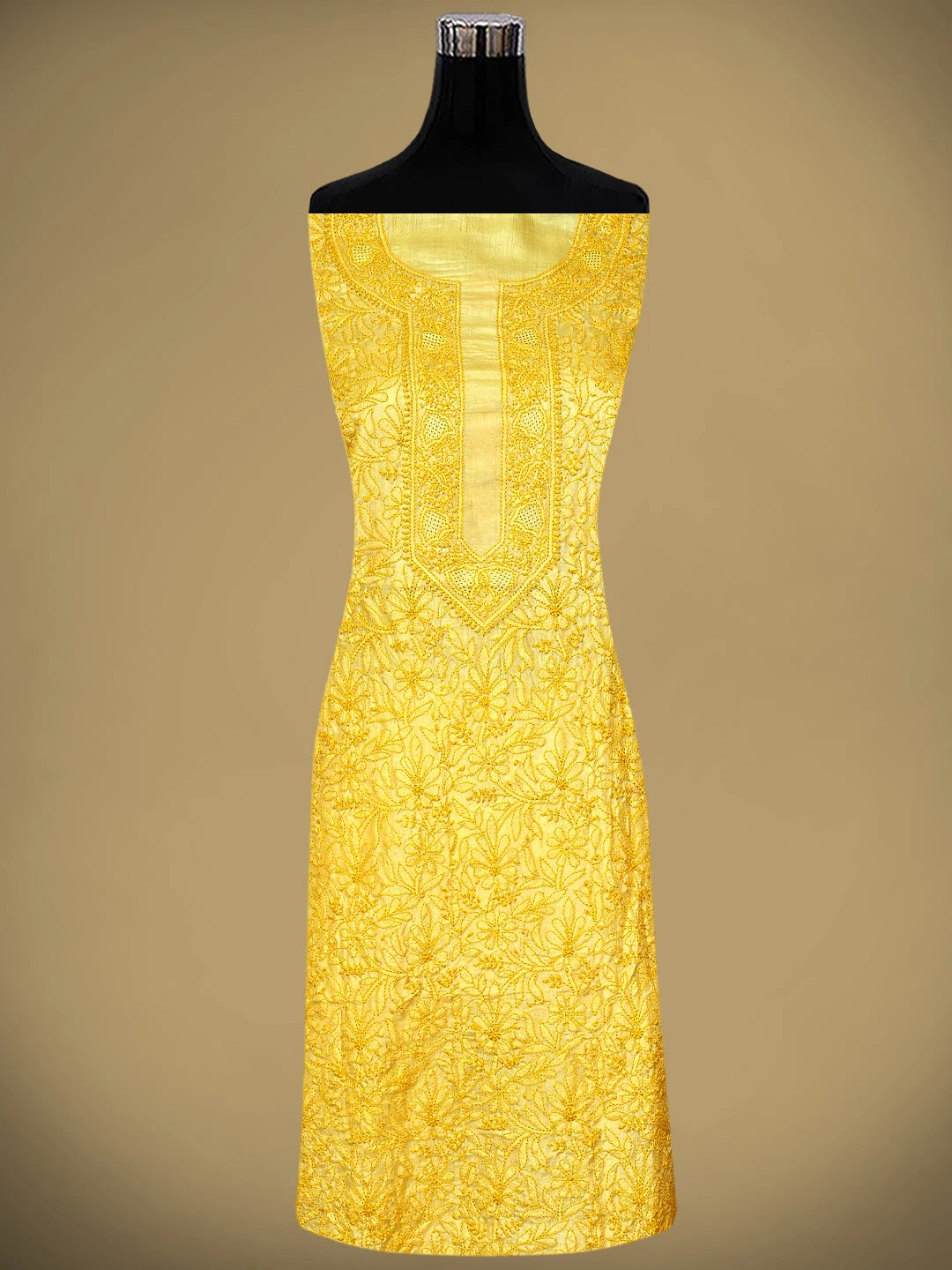 Ada Hand Embroidered Jasmine Yellow Silk Lucknowi Chikankari Unstitched Suit Piece 01A965270