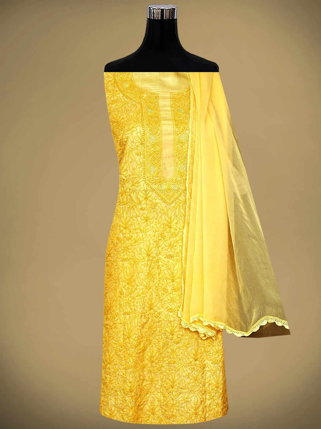 Ada Hand Embroidered Jasmine Yellow Silk Lucknowi Chikankari Unstitched Suit Piece 01A965270
