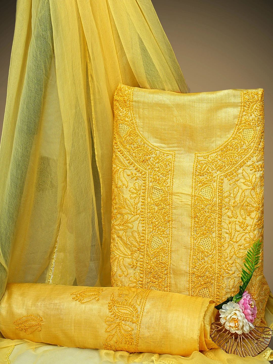 Ada Hand Embroidered Jasmine Yellow Silk Lucknowi Chikankari Unstitched Suit Piece 01A965270