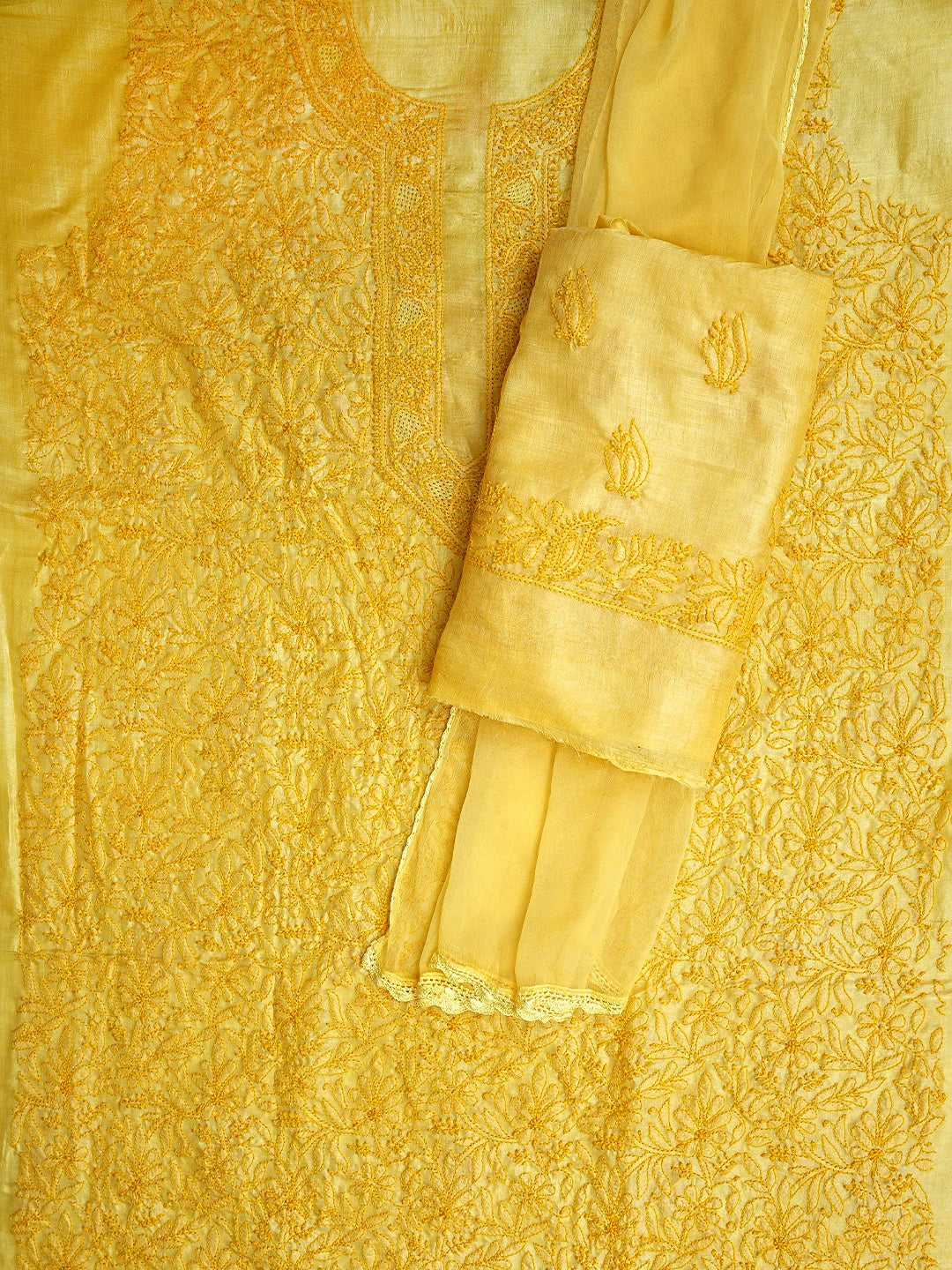 Ada Hand Embroidered Jasmine Yellow Silk Lucknowi Chikankari Unstitched Suit Piece 01A965270