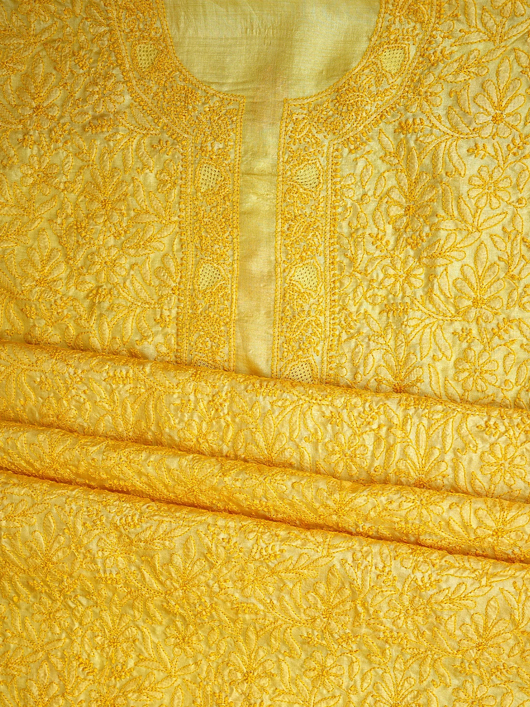 Ada Hand Embroidered Jasmine Yellow Silk Lucknowi Chikankari Unstitched Suit Piece 01A965270