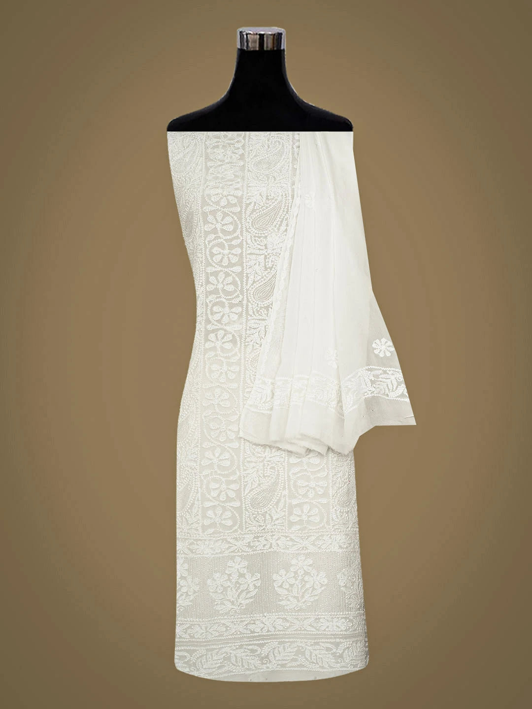 Ada Hand Embroidered White Viscose Georgette Lucknowi Chikankari Unstitched Kurta Dupatta Set With Cutdana Work 01A907120