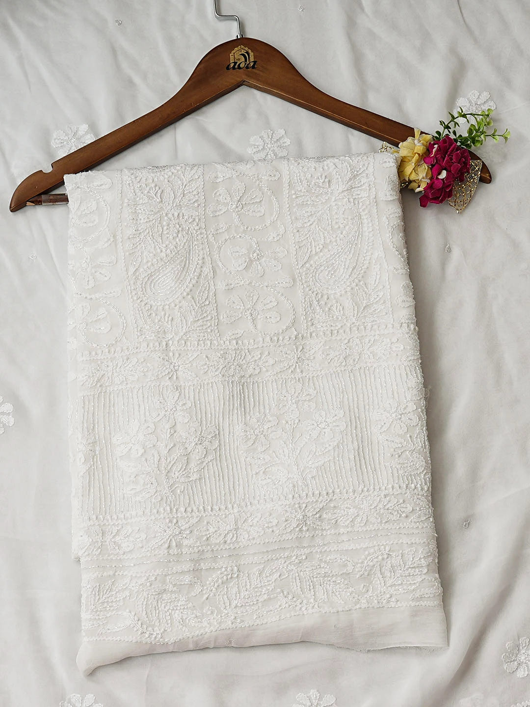 Ada Hand Embroidered White Viscose Georgette Lucknowi Chikankari Unstitched Kurta Dupatta Set With Cutdana Work 01A907120