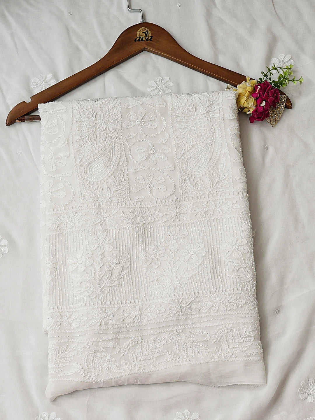 Ada Hand Embroidered White Viscose Georgette Lucknowi Chikankari Unstitched Kurta Dupatta Set With Cutdana Work 01A907120