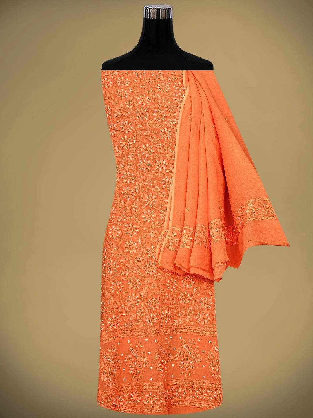 Ada Hand Embroidered Peach Viscose Georgette Lucknowi Chikankari Unstitched Kurta Dupatta Set With Pearl Work 01A893651