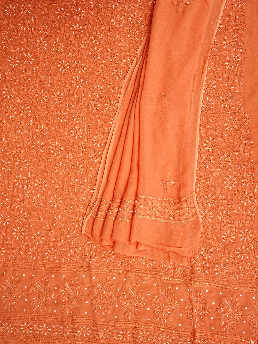 Ada Hand Embroidered Peach Viscose Georgette Lucknowi Chikankari Unstitched Kurta Dupatta Set With Pearl Work 01A893651