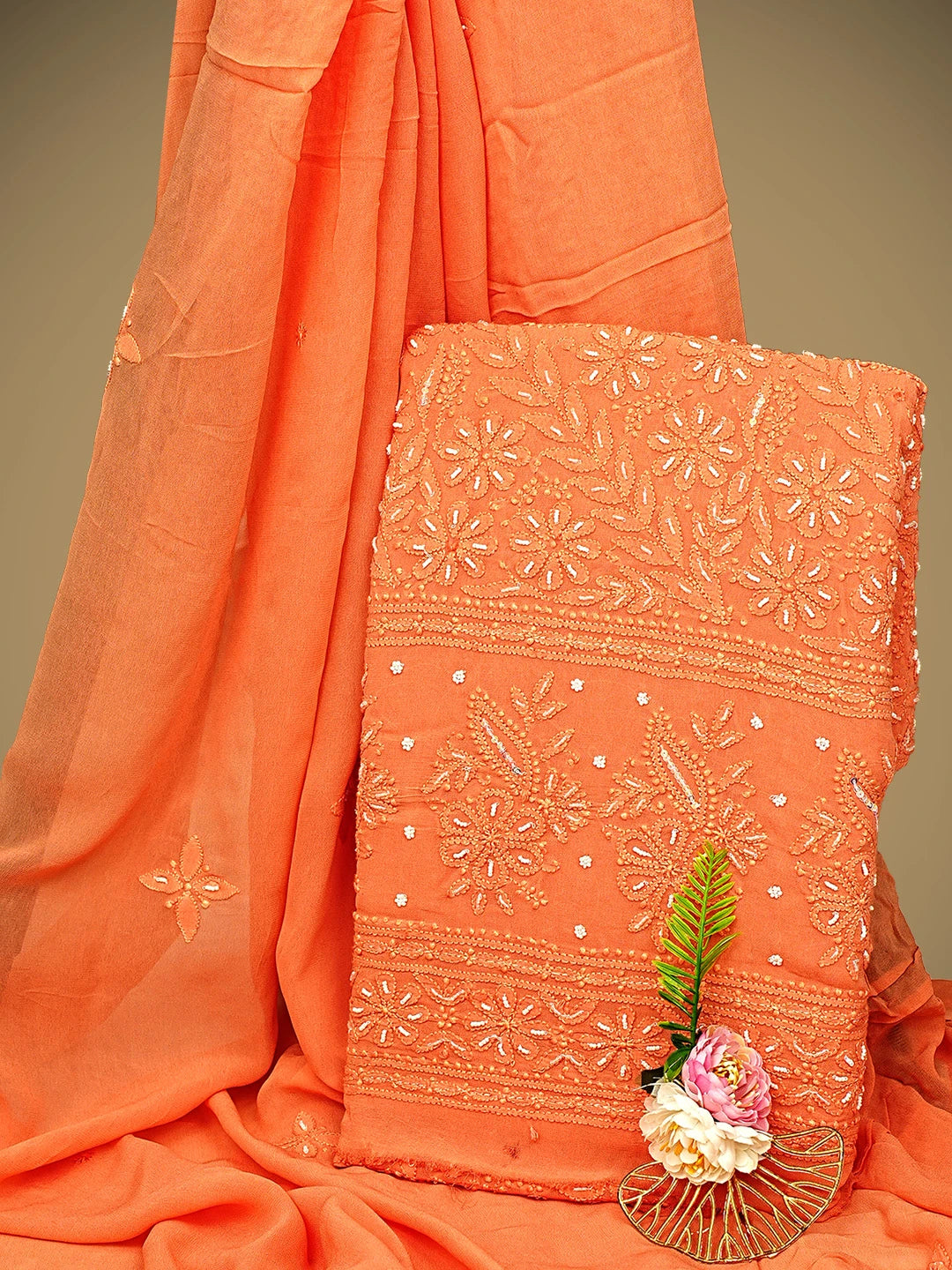 Ada Hand Embroidered Peach Viscose Georgette Lucknowi Chikankari Unstitched Kurta Dupatta Set With Pearl Work 01A893651