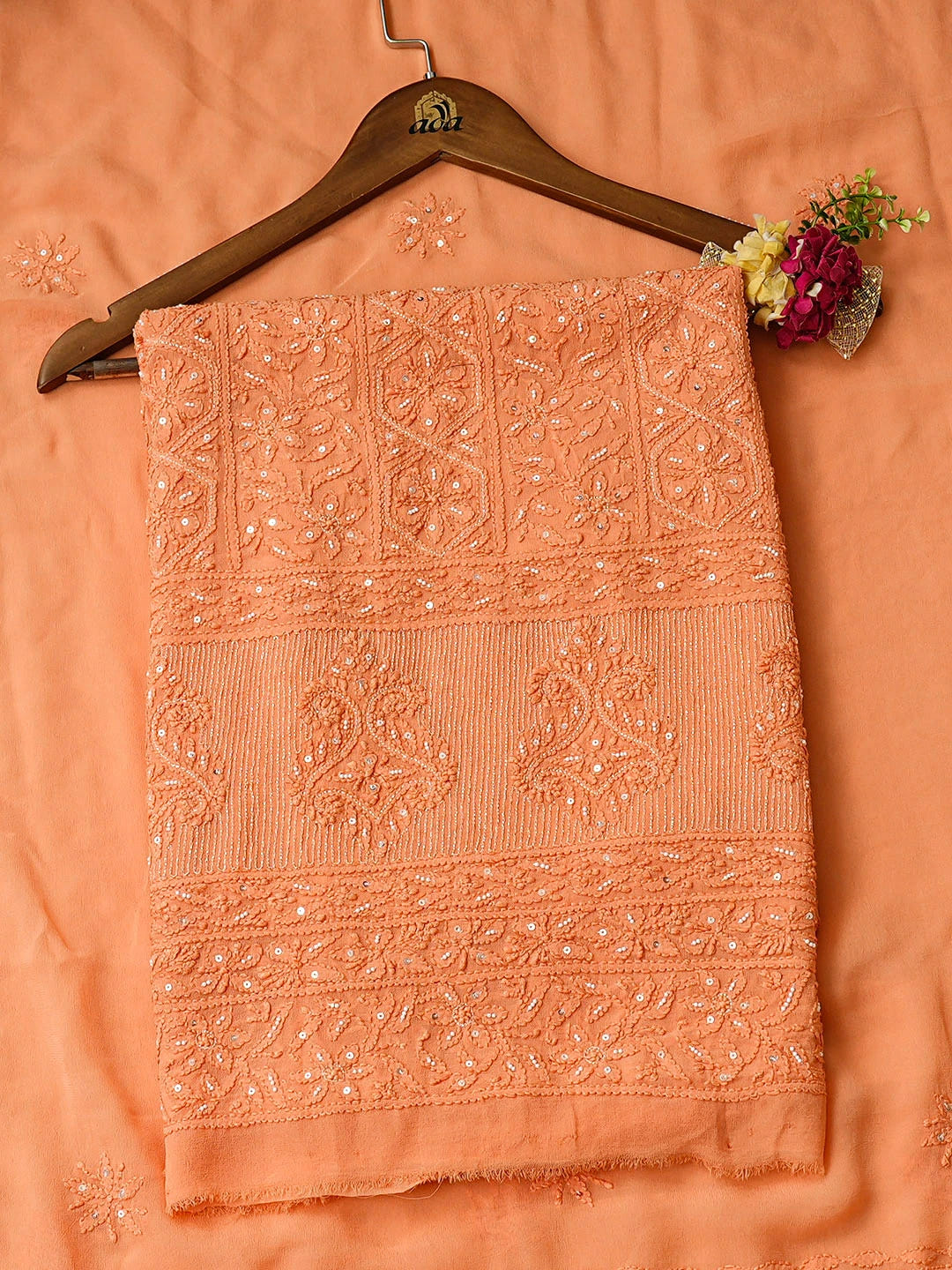 Ada Hand Embroidered Peach Viscose Georgette Lucknowi Chikankari Unstitched Kurta Dupatta Set With Pearl Work 01A957748