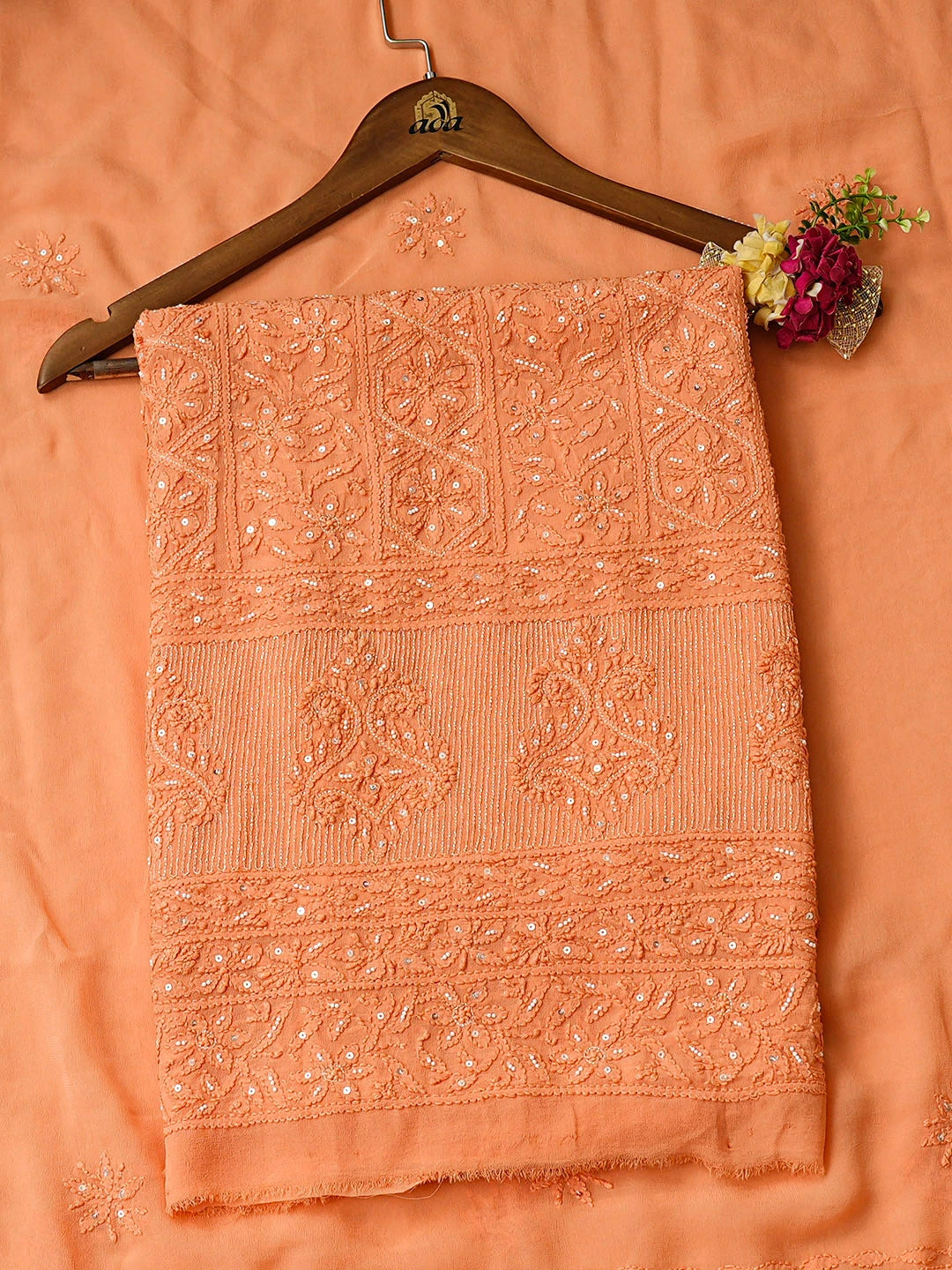 Ada Hand Embroidered Peach Viscose Georgette Lucknowi Chikankari Unstitched Kurta Dupatta Set With Pearl Work 01A957748