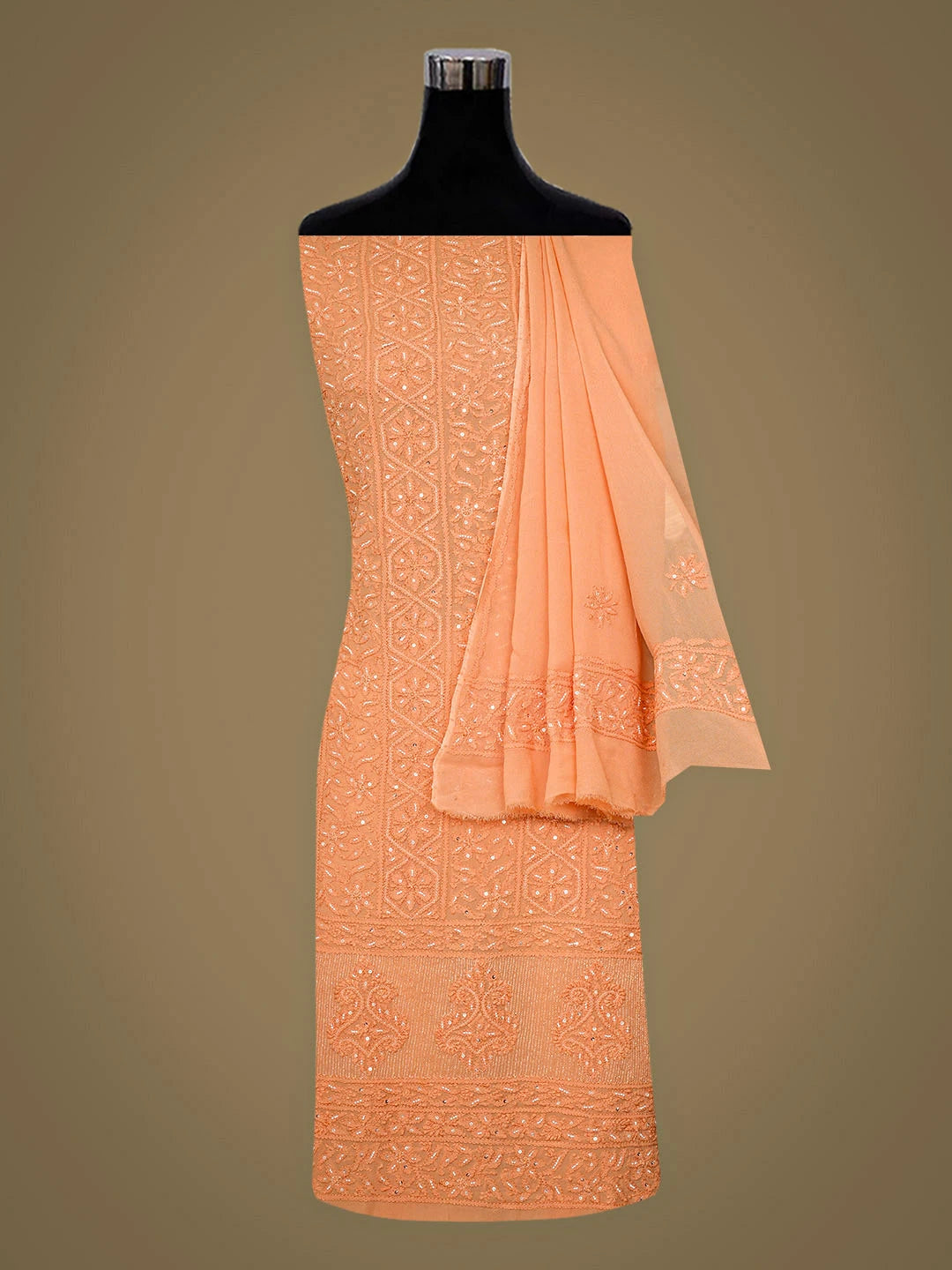 Ada Hand Embroidered Peach Viscose Georgette Lucknowi Chikankari Unstitched Kurta Dupatta Set With Pearl Work 01A957748