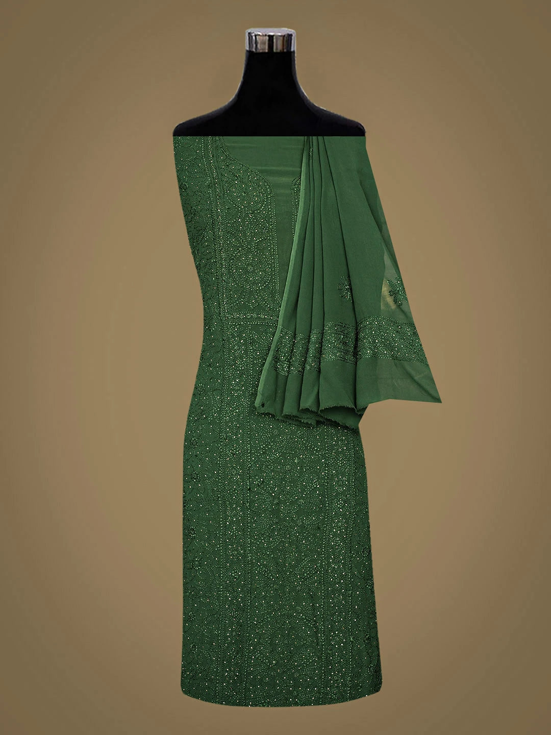 Ada Hand Embroidered Green Viscose Georgette Lucknowi Chikankari Unstitched Kurta Dupatta Set With Muqaish/Mukaish Work 01A685056