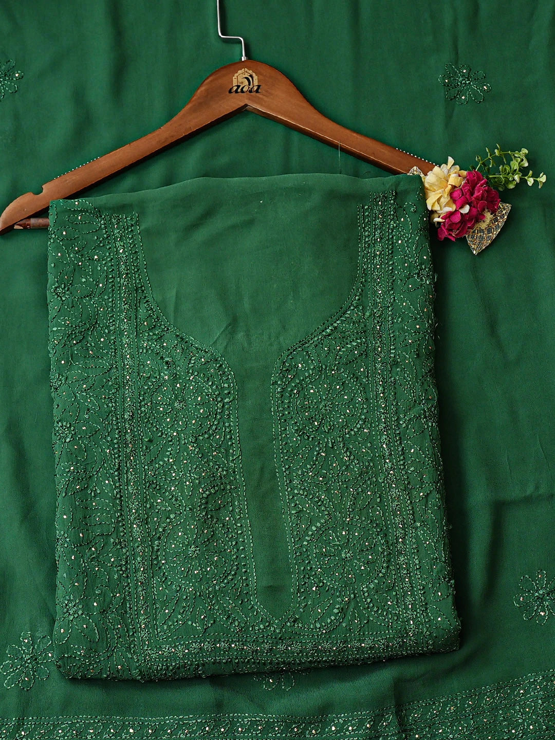 Ada Hand Embroidered Green Viscose Georgette Lucknowi Chikankari Unstitched Kurta Dupatta Set With Muqaish/Mukaish Work 01A685056
