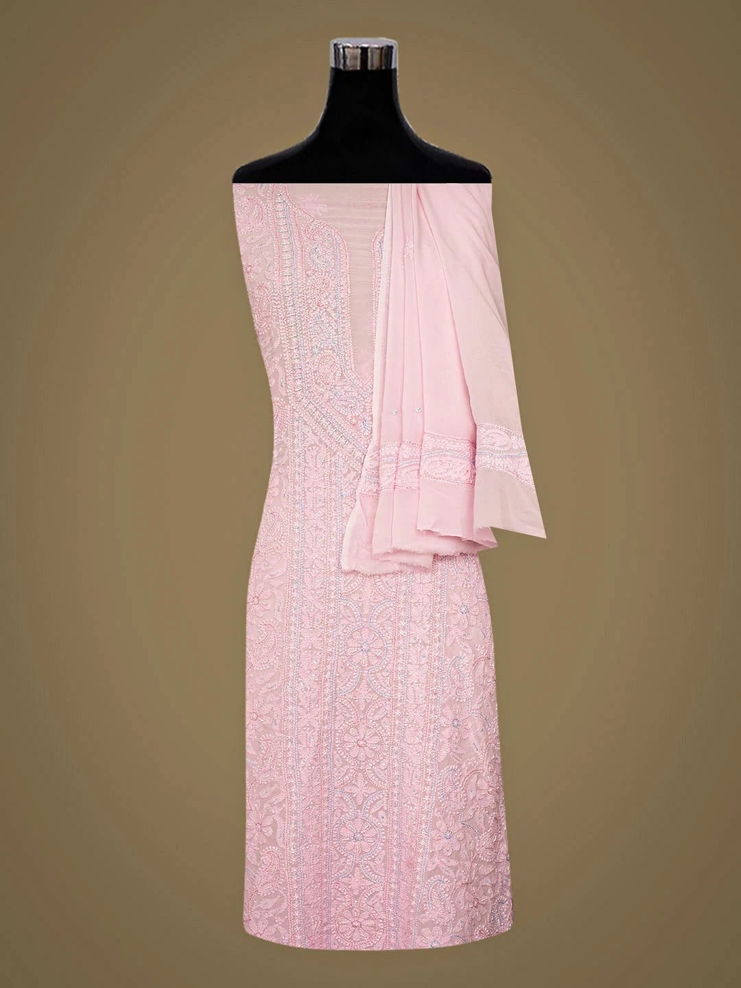 Ada Hand Embroidered Cherry Blossom Pink Viscose Georgette Lucknowi Chikankari Unstitched Kurta Dupatta Set With Sequinned  Work 01A944701