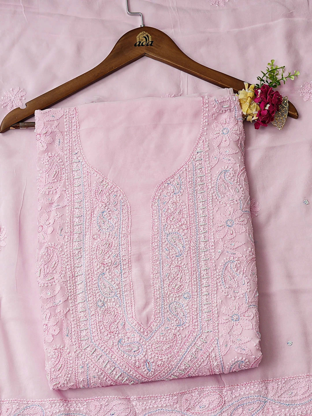 Ada Hand Embroidered Cherry Blossom Pink Viscose Georgette Lucknowi Chikankari Unstitched Kurta Dupatta Set With Sequinned  Work 01A944701