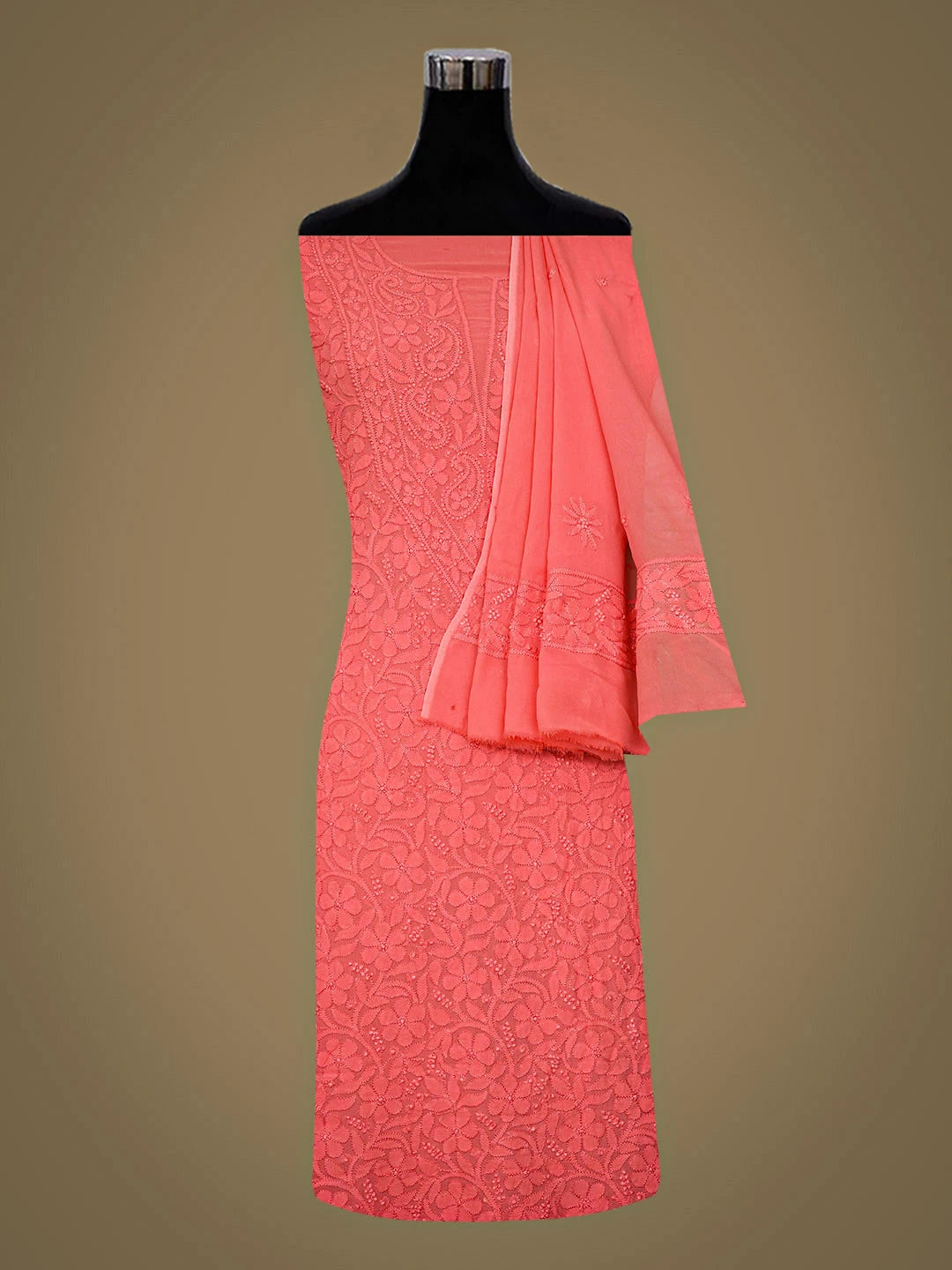 Ada Hand Embroidered Carrot Pink Viscose Georgette Lucknowi Chikankari Unstitched Kurta Dupatta Set 01A933276