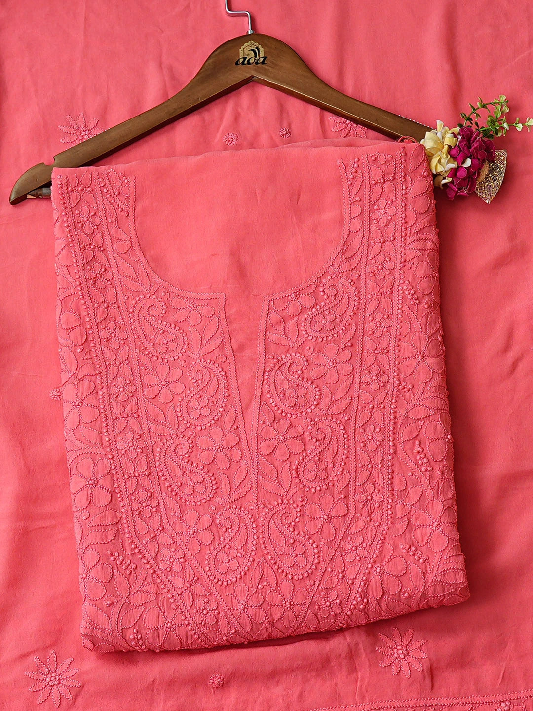 Ada Hand Embroidered Carrot Pink Viscose Georgette Lucknowi Chikankari Unstitched Kurta Dupatta Set 01A933276
