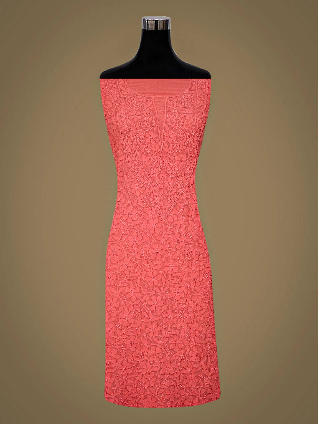 Ada Hand Embroidered Carrot Pink Viscose Georgette Lucknowi Chikankari Unstitched Kurta Dupatta Set 01A933276