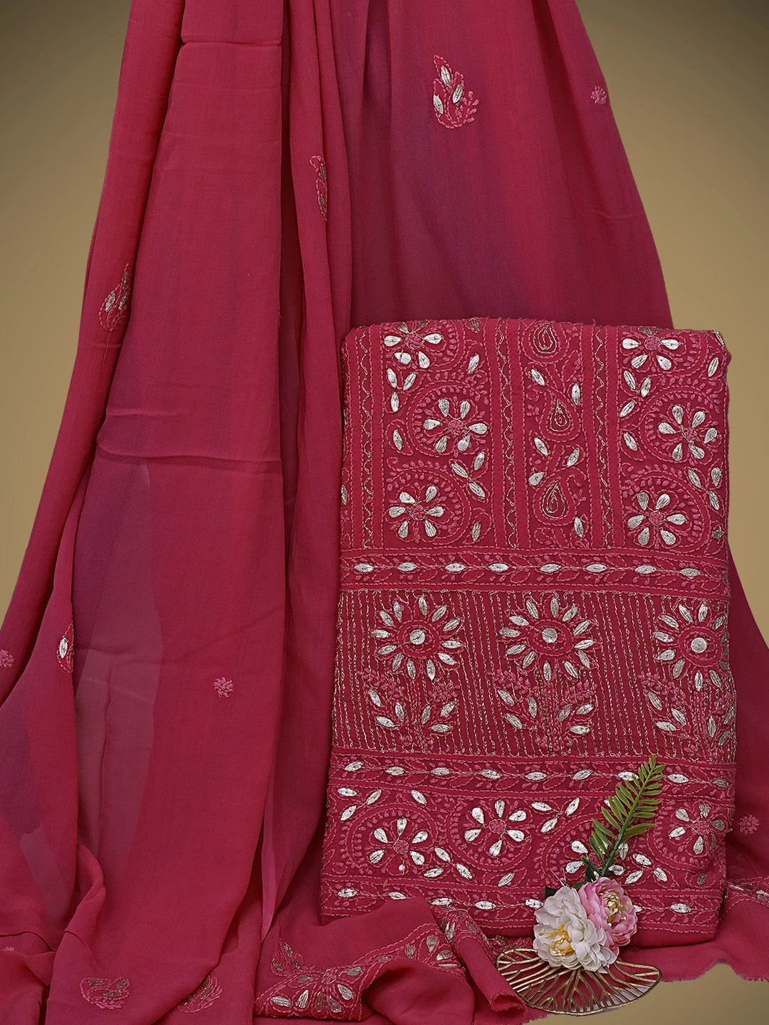 Ada Hand Embroidered Magenta Viscose Georgette Lucknowi Chikankari Unstitched Kurta Dupatta Set With Zari Work 01A893416