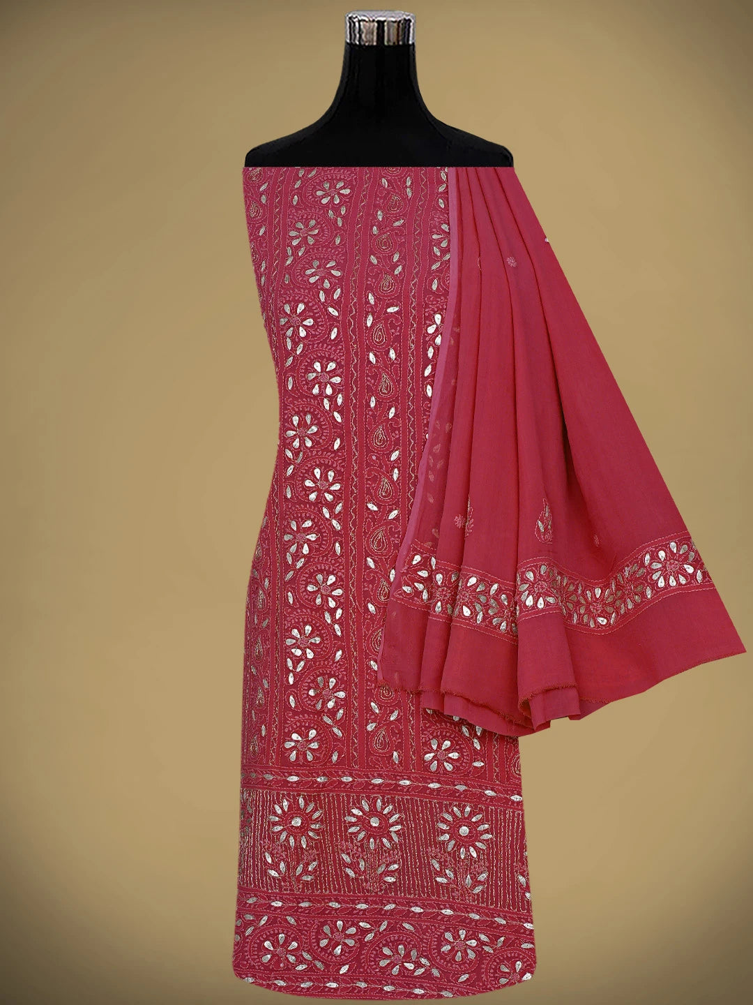 Ada Hand Embroidered Magenta Viscose Georgette Lucknowi Chikankari Unstitched Kurta Dupatta Set With Zari Work 01A893416