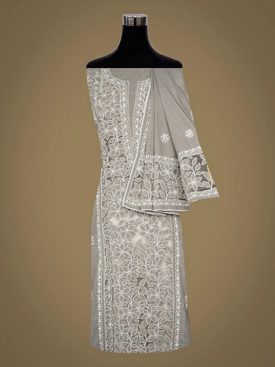 Ada Hand Embroidered Grey Cotton Lucknowi Chikankari Semi-Stitched Kurta Dupatta Set 01A813826