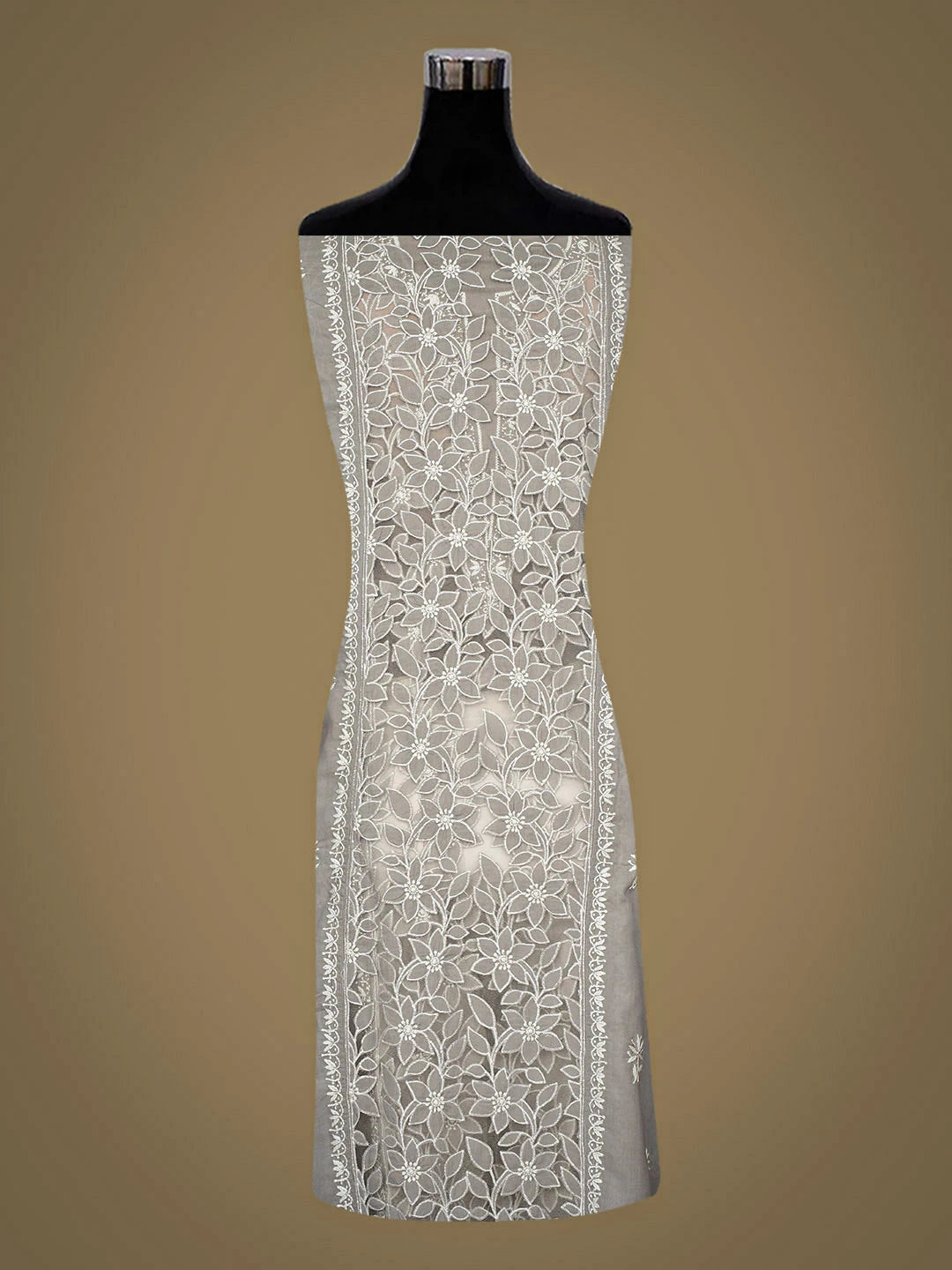 Ada Hand Embroidered Grey Cotton Lucknowi Chikankari Semi-Stitched Kurta Dupatta Set 01A813826