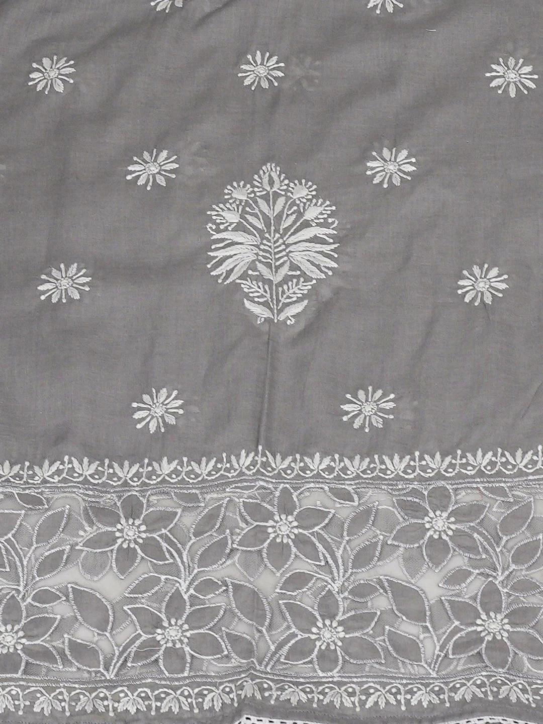Ada Hand Embroidered Grey Cotton Lucknowi Chikankari Semi-Stitched Kurta Dupatta Set 01A813826
