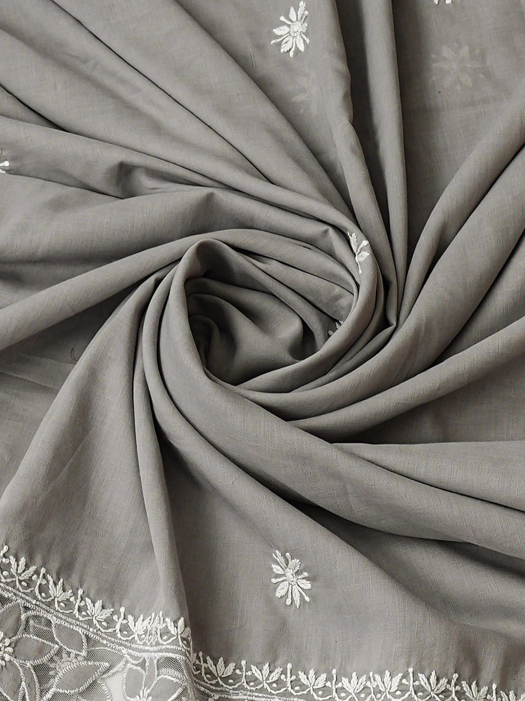 Ada Hand Embroidered Grey Cotton Lucknowi Chikankari Semi-Stitched Kurta Dupatta Set 01A813826