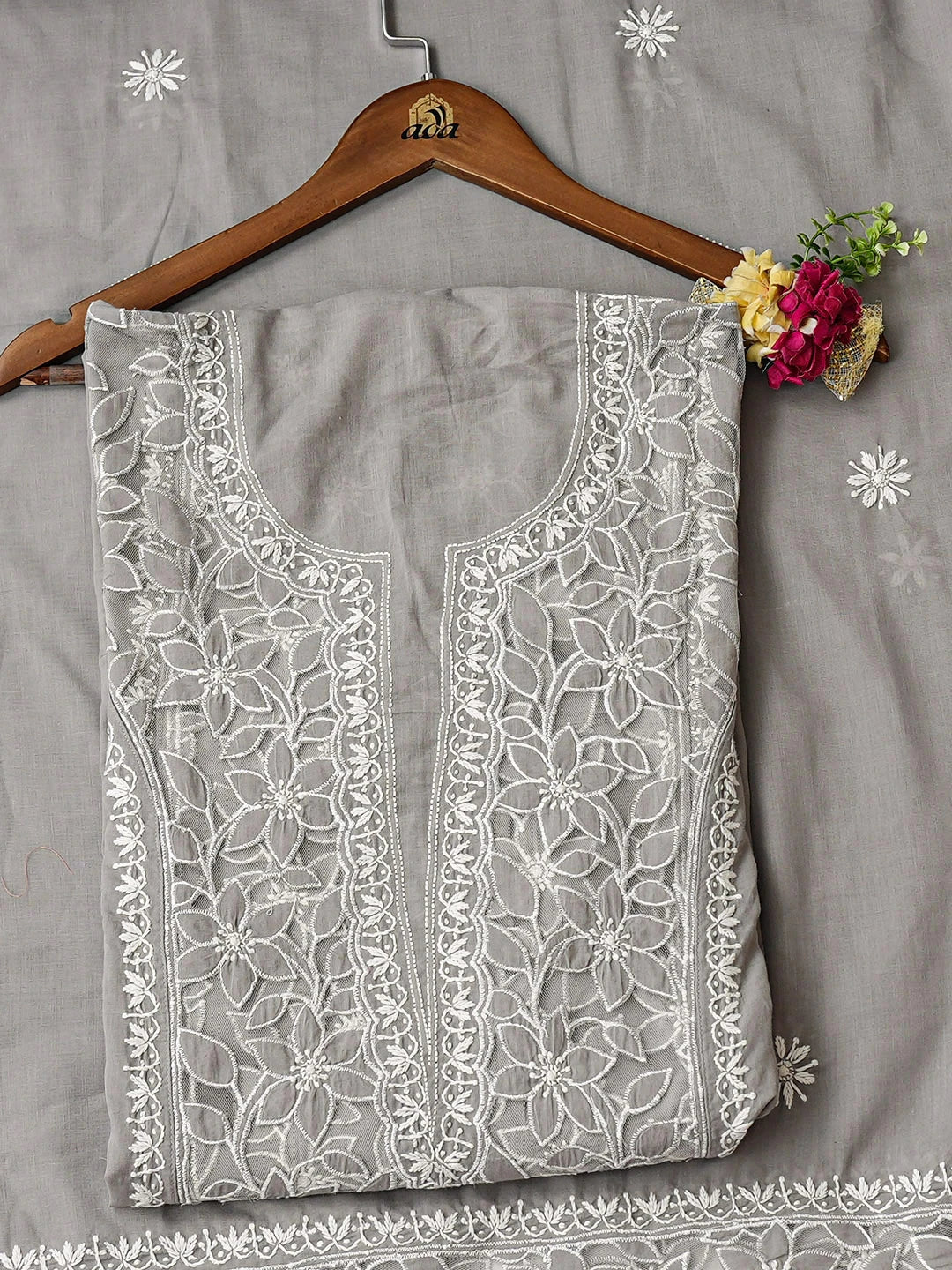Ada Hand Embroidered Grey Cotton Lucknowi Chikankari Semi-Stitched Kurta Dupatta Set 01A813826